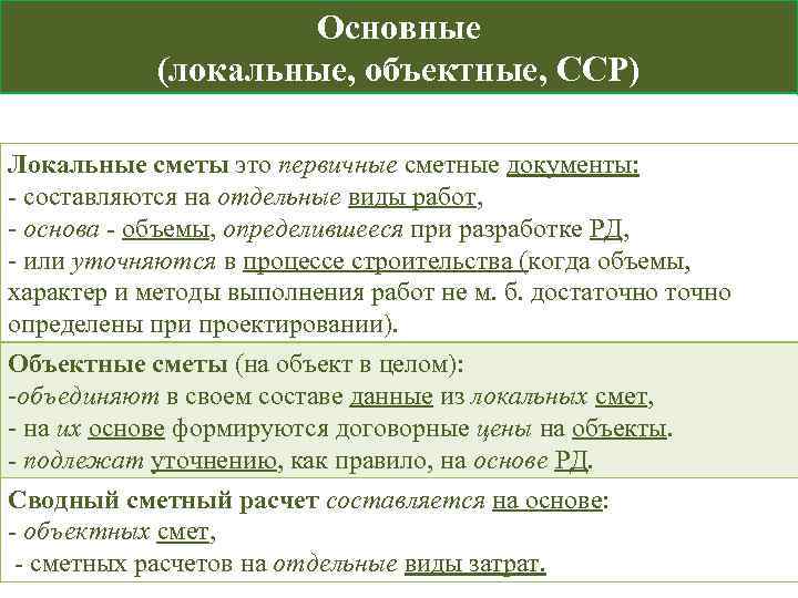  Основные (локальные, объектные, ССР) Локальные сметы это первичные сметные документы: - составляются на