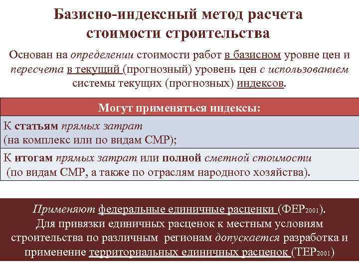  Базисно-индексный метод расчета стоимости строительства Основан на определении стоимости работ в базисном уровне