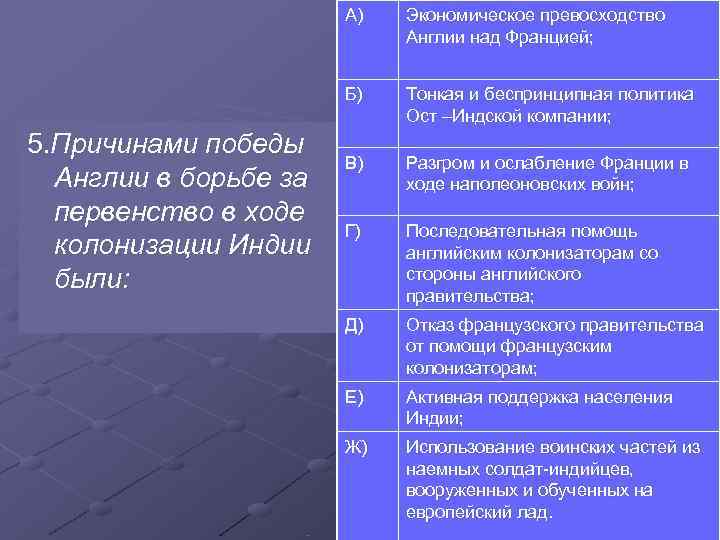  А) Экономическое превосходство Англии над Францией; Б) Тонкая и беспринципная политика Ост –Индской