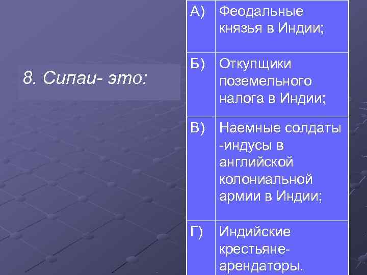  А) Феодальные князья в Индии; Б) Откупщики 8. Сипаи это: поземельного налога в