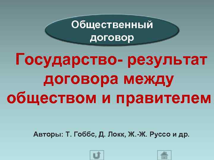  Общественный договор Государство- результат договора между обществом и правителем Авторы: Т. Гоббс, Д.