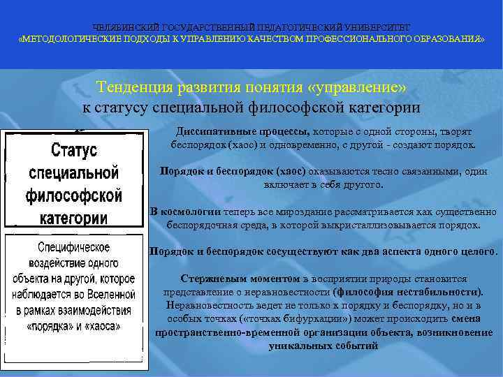   ЧЕЛЯБИНСКИЙ ГОСУДАРСТВЕННЫЙ ПЕДАГОГИЧЕСКИЙ УНИВЕРСИТЕТ «МЕТОДОЛОГИЧЕСКИЕ ПОДХОДЫ К УПРАВЛЕНИЮ КАЧЕСТВОМ ПРОФЕССИОНАЛЬНОГО ОБРАЗОВАНИЯ» 