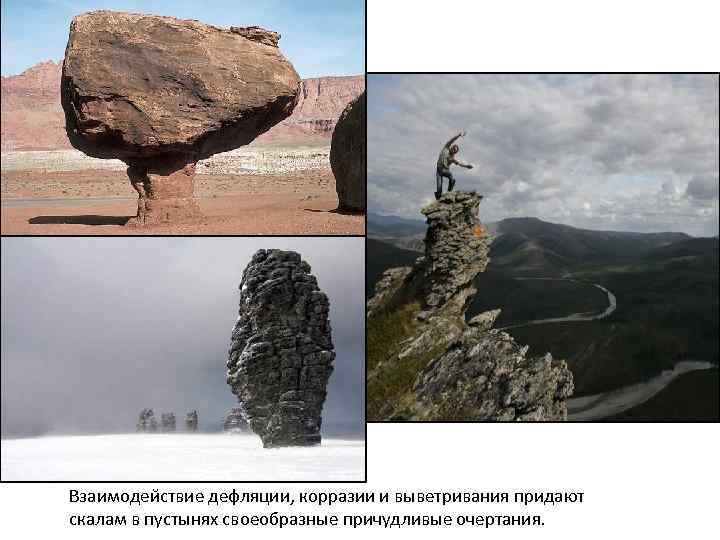 Взаимодействие дефляции, корразии и выветривания придают скалам в пустынях своеобразные причудливые очертания. 