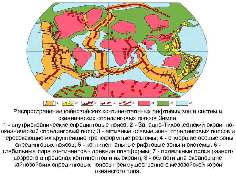  Распространение кайнозойских континентальных рифтовых зон и систем и океанических спрединговых поясов Земли. 1