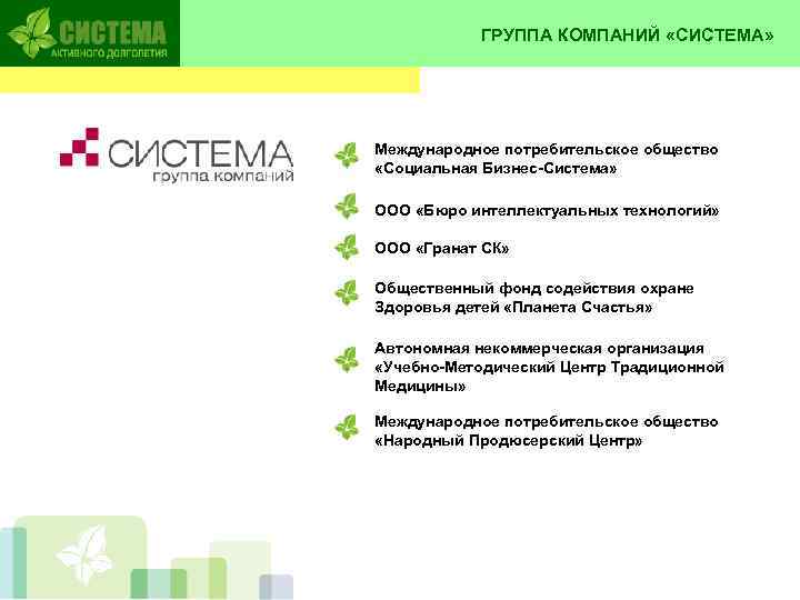   ГРУППА КОМПАНИЙ «СИСТЕМА» Международное потребительское общество «Социальная Бизнес-Система»  ООО «Бюро интеллектуальных