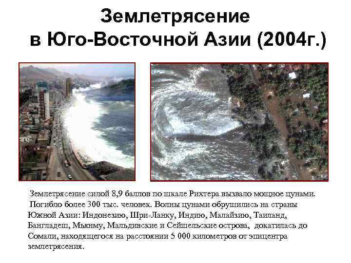  Землетрясение в Юго-Восточной Азии (2004 г. ) Землетрясение силой 8, 9 баллов по