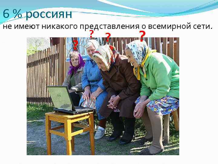 6 % россиян не имеют никакого представления о всемирной сети. ? ? ? 