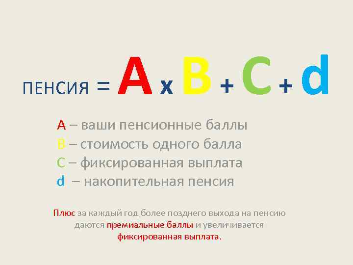 ПЕНСИЯ = Ах. В+С+d А – ваши пенсионные баллы В – стоимость одного балла