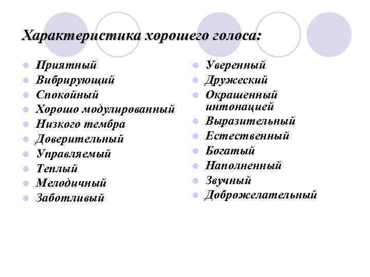 Характеристика хорошего голоса: l Приятный l Уверенный l Вибрирующий l Дружеский l Спокойный l