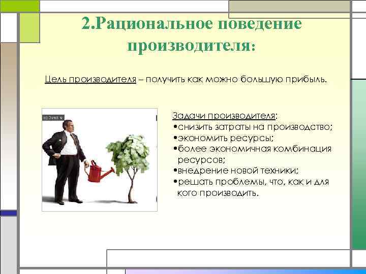   2. Рациональное поведение   производителя: Цель производителя – получить как можно