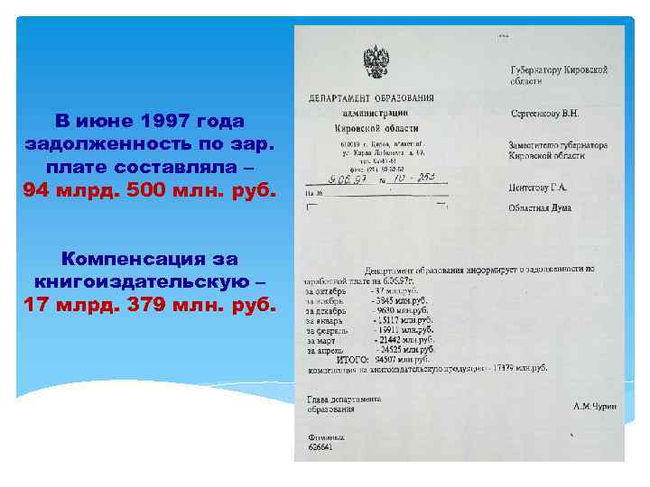  В июне 1997 года задолженность по зар. плате составляла – 94 млрд. 500