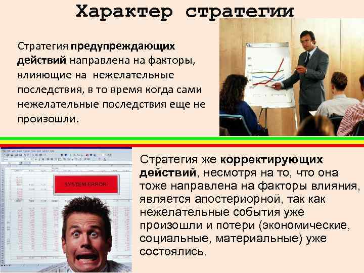  Характер стратегии Стратегия предупреждающих действий направлена на факторы, влияющие на нежелательные последствия, в