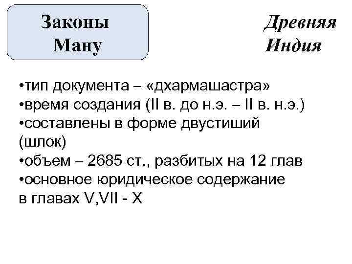  Законы Древняя Ману Индия • тип документа – «дхармашастра» • время создания (II