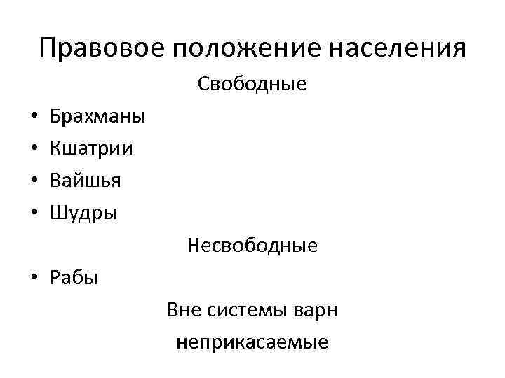 Правовое положение населения Свободные • Брахманы • Кшатрии • Вайшья • Шудры Несвободные •