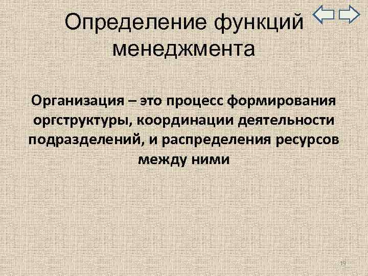  Определение функций менеджмента Организация – это процесс формирования оргструктуры, координации деятельности подразделений, и