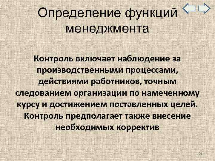  Определение функций менеджмента Контроль включает наблюдение за производственными процессами, действиями работников, точным следованием