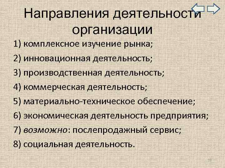  Направления деятельности организации 1) комплексное изучение рынка; 2) инновационная деятельность; 3) производственная деятельность;