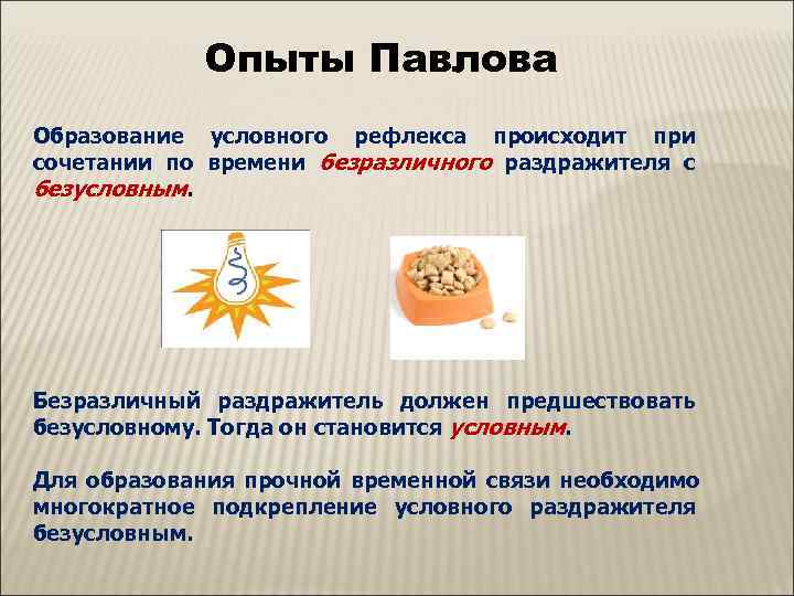    Опыты Павлова Образование условного рефлекса происходит при сочетании по времени безразличного