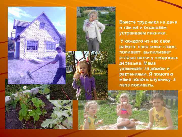 Вместе трудимся на даче и там же и отдыхаем, устраиваем пикники. У каждого из