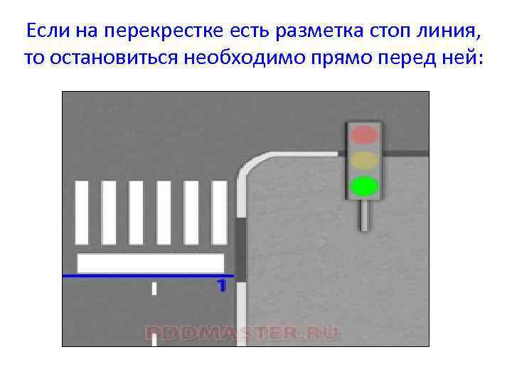 Если на перекрестке есть разметка стоп линия, то остановиться необходимо прямо перед ней: 