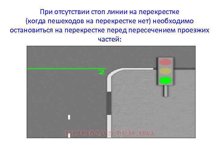  При отсутствии стоп линии на перекрестке (когда пешеходов на перекрестке нет) необходимо остановиться