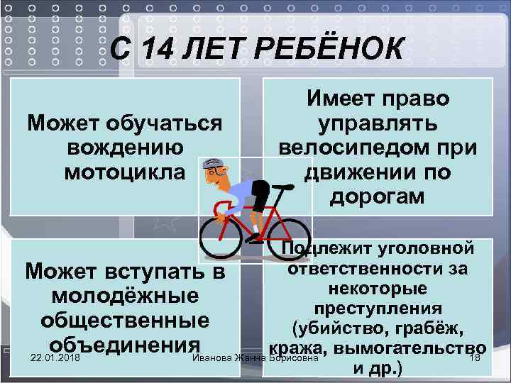  С 14 ЛЕТ РЕБЁНОК Имеет право Может обучаться управлять вождению велосипедом при мотоцикла