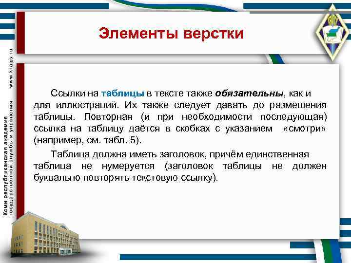    Элементы верстки  Ссылки на таблицы в тексте также обязательны, как