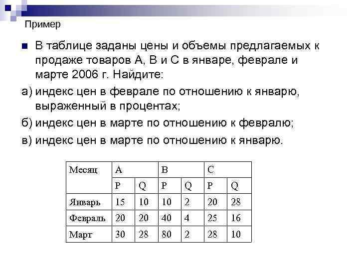 Пример n В таблице заданы цены и объемы предлагаемых к продаже товаров А, В