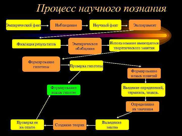  Процесс научного познания Эмпирический факт Наблюдение Научный факт Эксперимент Фиксация результатов Эмпирическое Использование