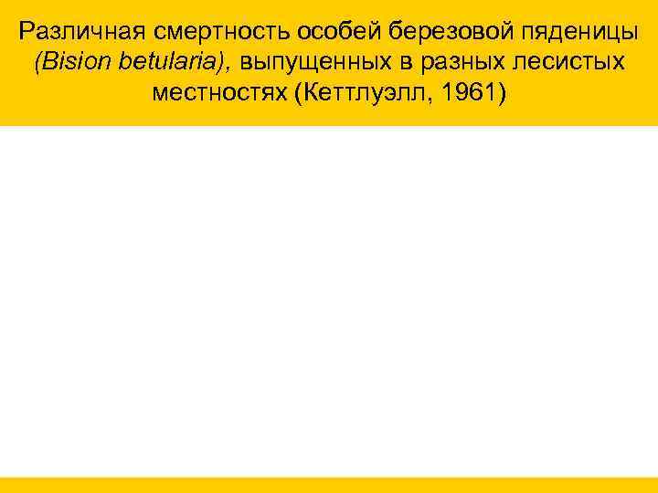 Различная смертность особей березовой пяденицы (Bision betularia), выпущенных в разных лесистых местностях (Кеттлуэлл, 1961)