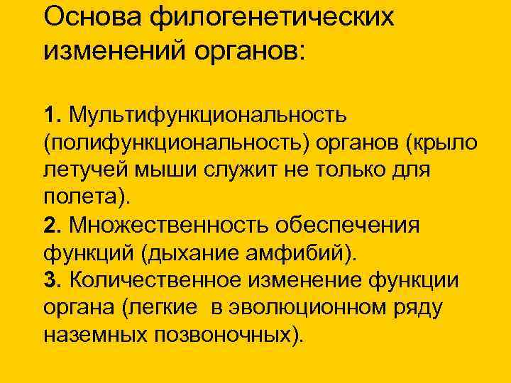 Основа филогенетических изменений органов: 1. Мультифункциональность (полифункциональность) органов (крыло летучей мыши служит не только