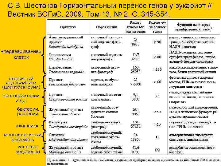  С. В. Шестаков Горизонтальный перенос генов у эукариот // Вестник ВОГи. С. 2009.