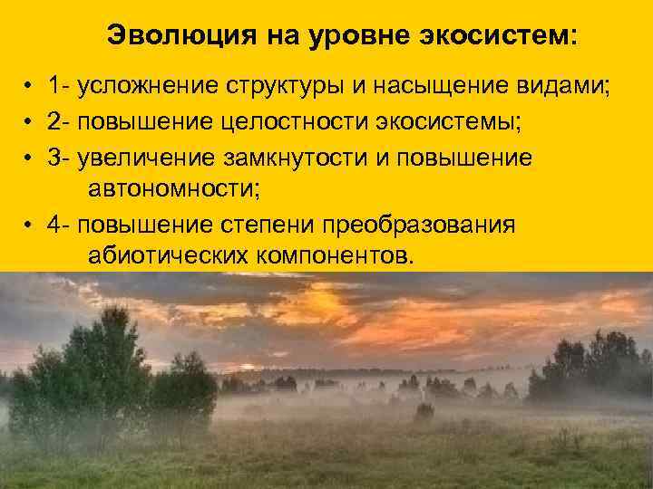  Эволюция на уровне экосистем: • 1 - усложнение структуры и насыщение видами; •