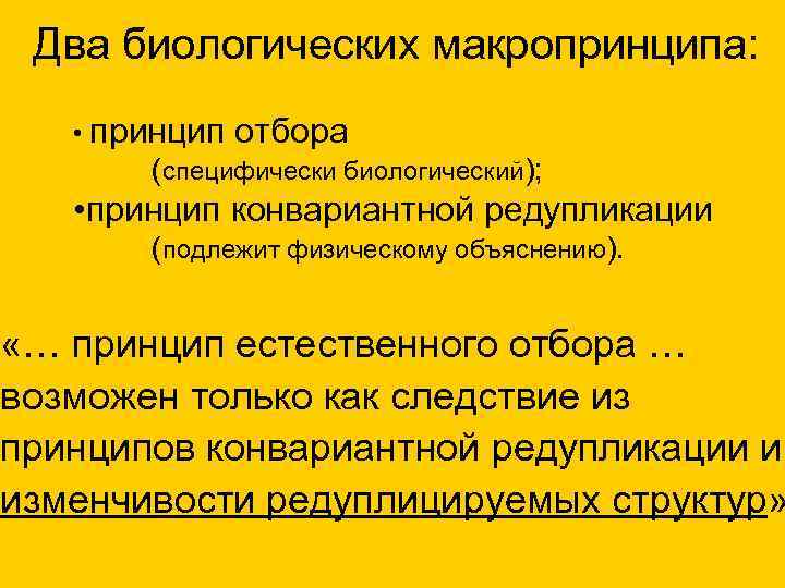 Два биологических макропринципа: • принцип отбора (специфически биологический); Два биологических макропринципа: • принцип отбора (специфически биологический);