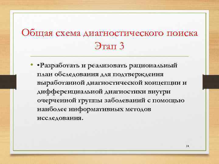 Общая схема диагностического поиска Этап 3 • • Разработать и реализовать рациональный план обследования