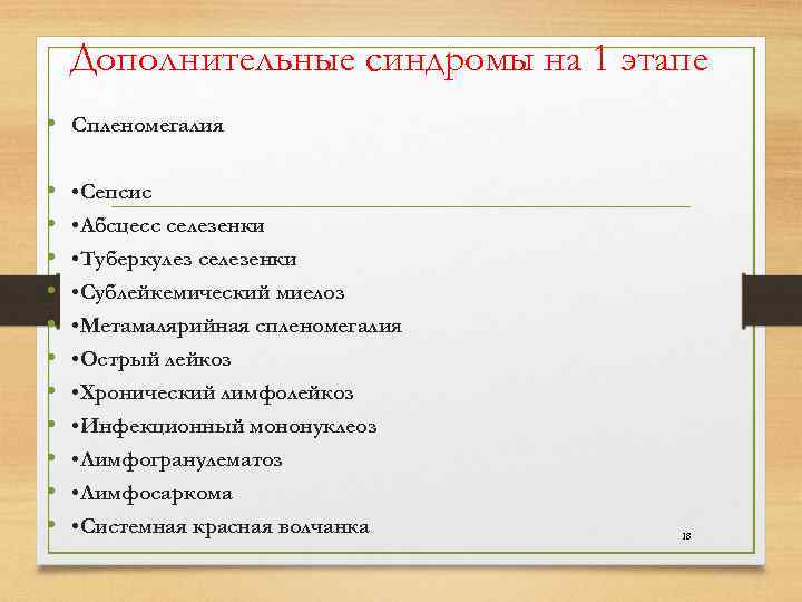  Дополнительные синдромы на 1 этапе • Спленомегалия • • Сепсис • • Абсцесс