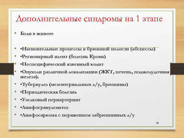 Дополнительные синдромы на 1 этапе • Боли в животе • • Нагноительные процессы в