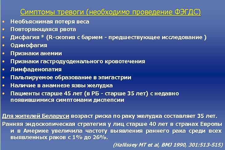  Симптомы тревоги (необходимо проведение ФЭГДС) • Необъяснимая потеря веса • Повторяющаяся рвота •