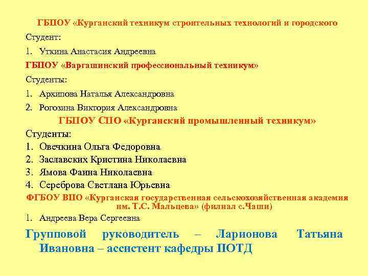  ГБПОУ «Курганский техникум строительных технологий и городского Студент: 1. Уткина Анастасия Андреевна ГБПОУ
