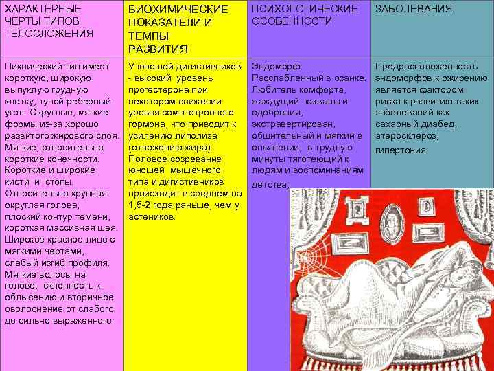 ХАРАКТЕРНЫЕ БИОХИМИЧЕСКИЕ ПСИХОЛОГИЧЕСКИЕ ЗАБОЛЕВАНИЯ ЧЕРТЫ ТИПОВ ПОКАЗАТЕЛИ И ОСОБЕННОСТИ ТЕЛОСЛОЖЕНИЯ ТЕМПЫ РАЗВИТИЯ Пикнический тип