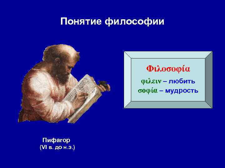  Понятие философии Φιλοσοφία φιλειν – любить σοφία – мудрость Пифагор (VI в. до