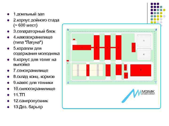 l 1. доильный зал l 2. корпус дойного стада (~ 600 мест) l 3.