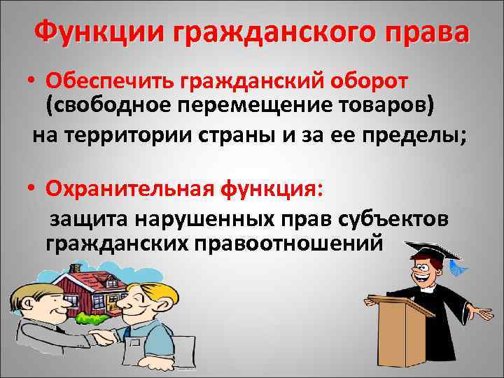 Функции гражданского права • Обеспечить гражданский оборот (свободное перемещение товаров) на территории страны и