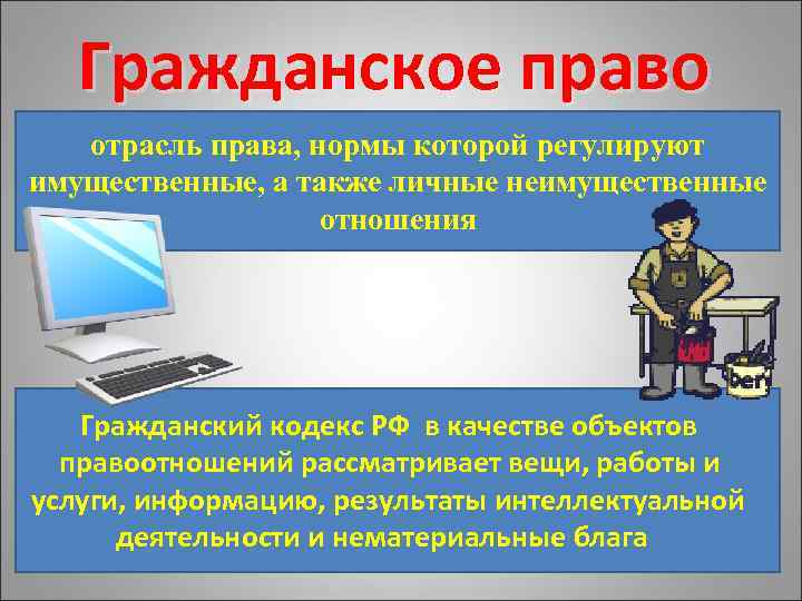  Гражданское право отрасль права, нормы которой регулируют имущественные, а также личные неимущественные отношения