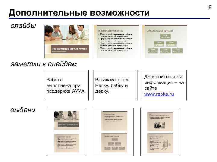  6 Дополнительные возможности слайды заметки к слайдам Дополнительная Работа Рассказать про информация –