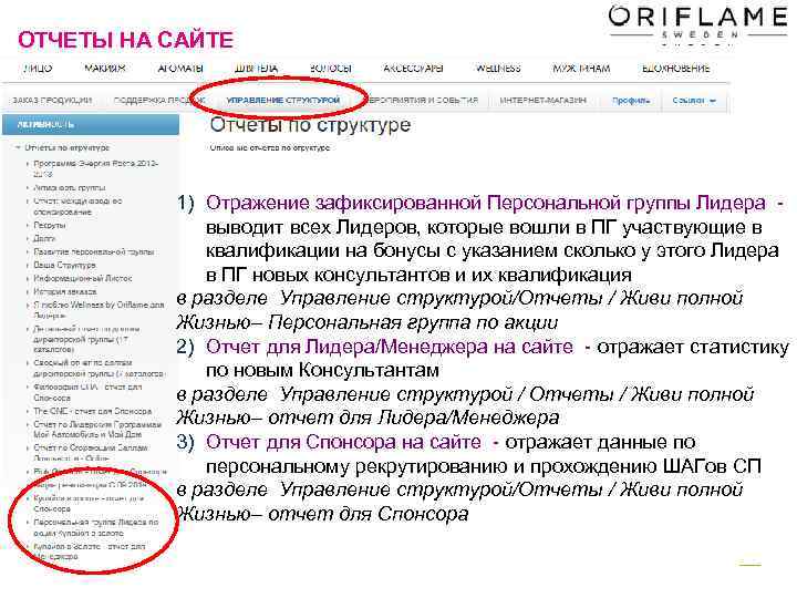 ОТЧЕТЫ НА САЙТЕ 1) Отражение зафиксированной Персональной группы Лидера - выводит всех Лидеров, которые