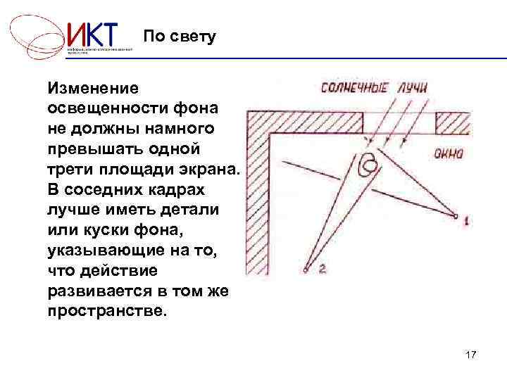  По свету Изменение освещенности фона не должны намного превышать одной трети площади экрана.