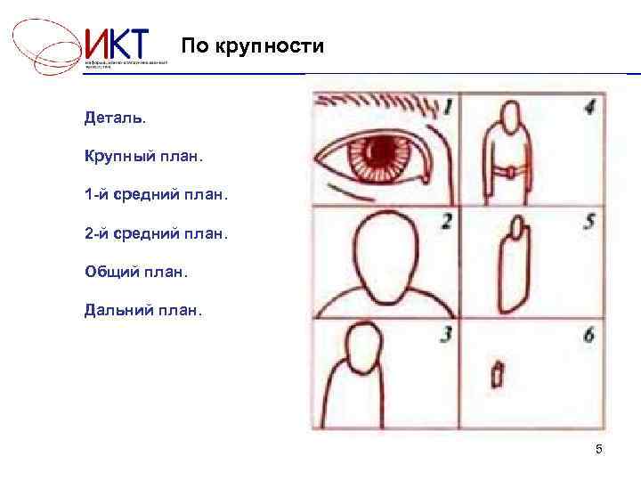  По крупности Деталь. Крупный план. 1 -й средний план. 2 -й средний план.