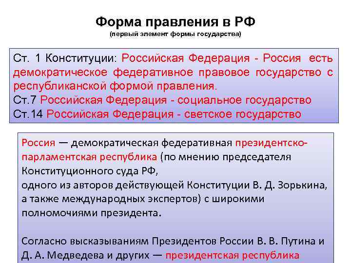    Форма правления в РФ   (первый элемент формы государства) 