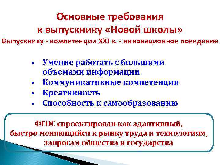  Основные требования к выпускнику «Новой школы» Выпускнику - компетенции XXI в. - инновационное